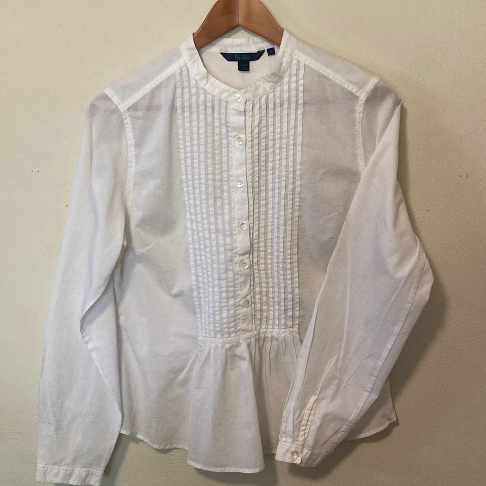Boden White Shirt with button front, pintuck, ruffle detail. Size 14 (slim fit!)